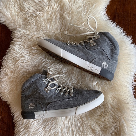 grey fluffy timberlands